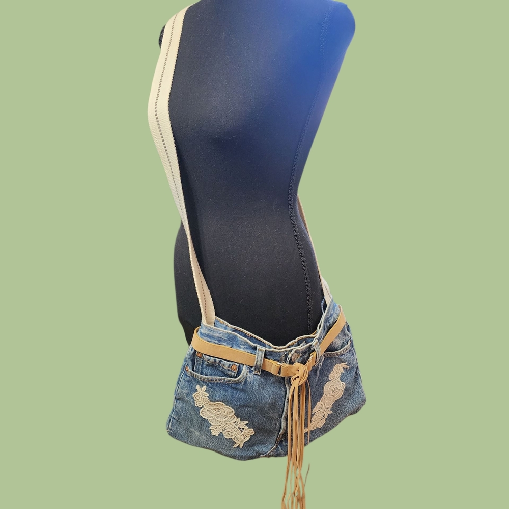 Upcycled Denim Crossbody Bag Vintage Style Boho - Picture 2 of 9